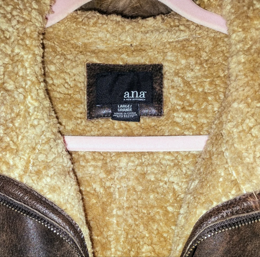 a.n.a Brown Faux-Leather Bomber Jacket with Faux-Shearling Trim
